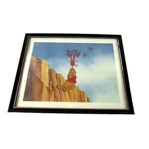 Disney Lithograph Print Winnie the Pooh Piglet Flying w/Butterflies Black Frame